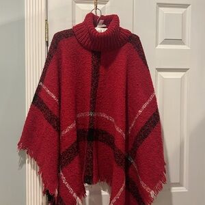 Poncho Holiday Size M/L Plaid Red with Black and Cream Turtleneck